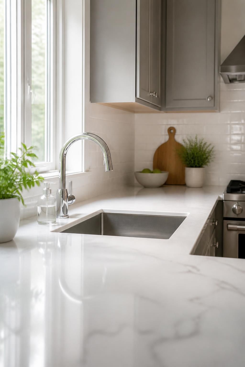 Immaculate kitchen with gleaming countertops and clean fixtures