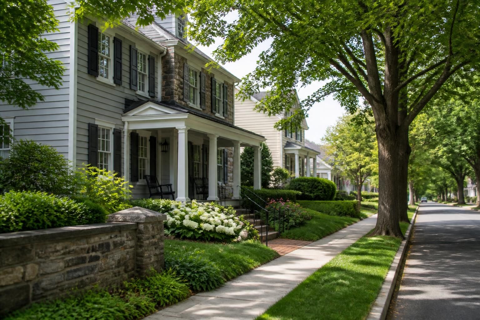 Attractive homes and greenery along a Bucks County street
