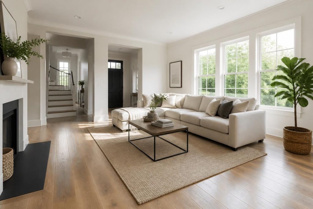 Sunlit spotless living room with polished floors and neutral decor