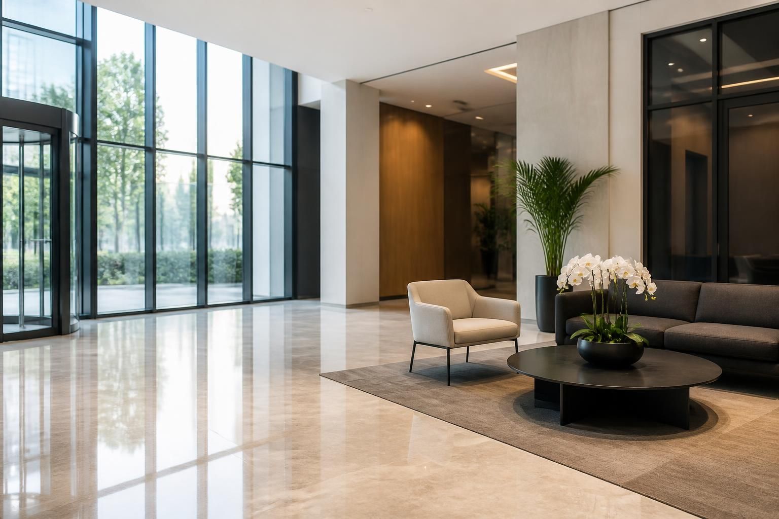 Modern office lobby with polished floors and clean glass