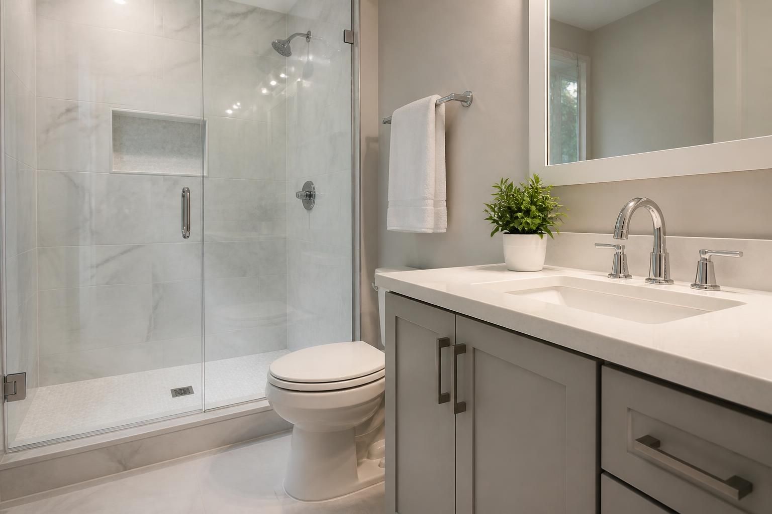 Sparkling bathroom with gleaming tile and immaculate fixtures