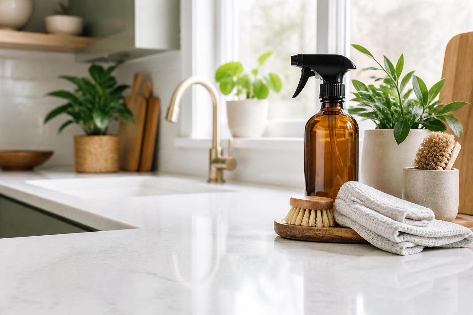 Bright kitchen with reusable cleaning products and spotless counters