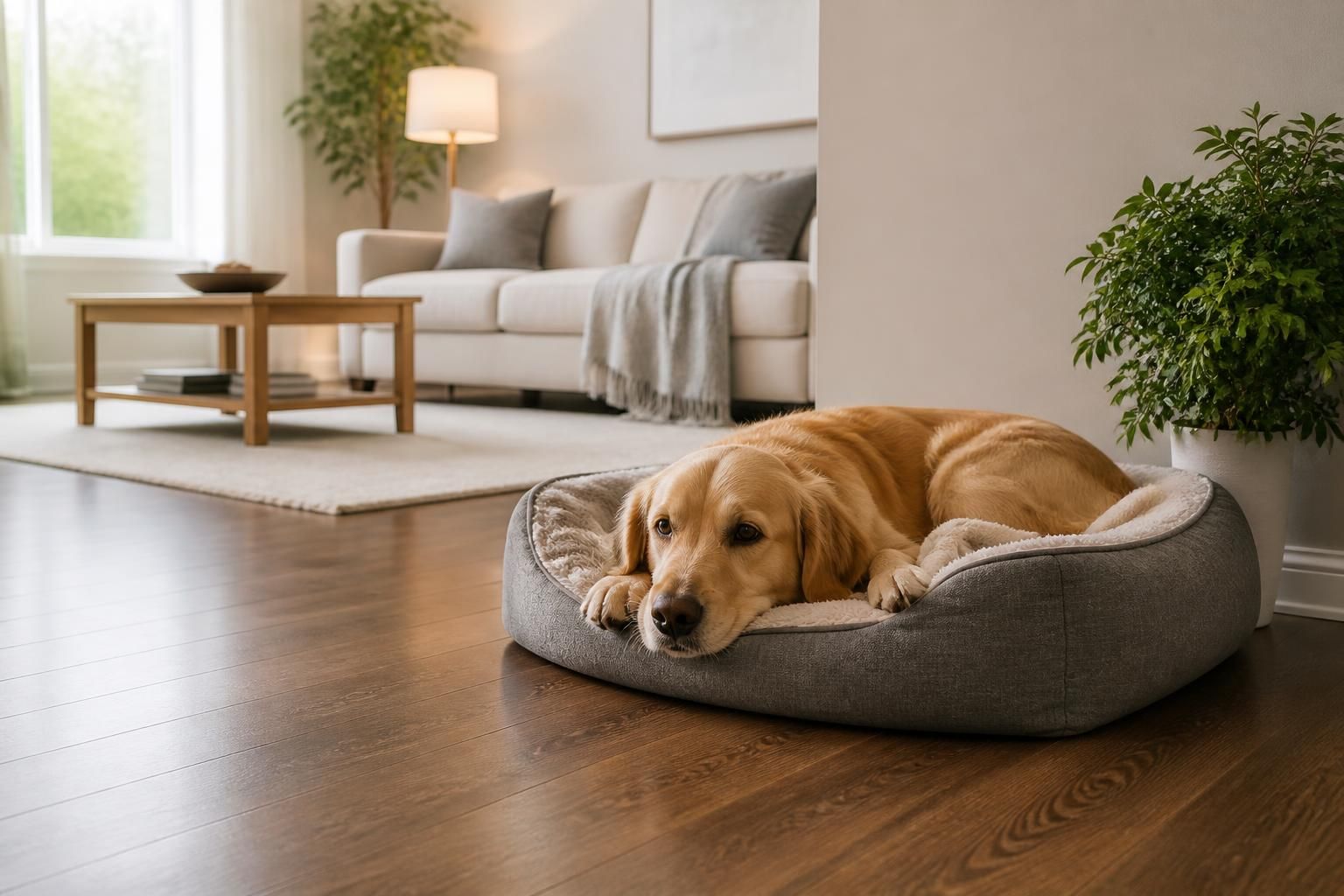 Clean cozy home interior with a neat pet bed and spotless floors