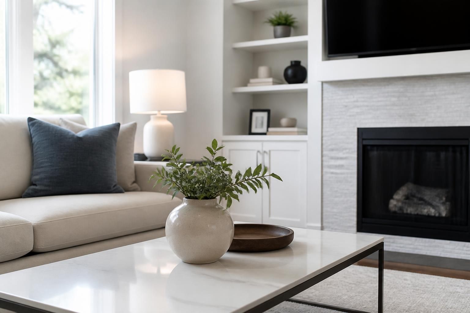 Spotless living room with clean surfaces and neat furnishings